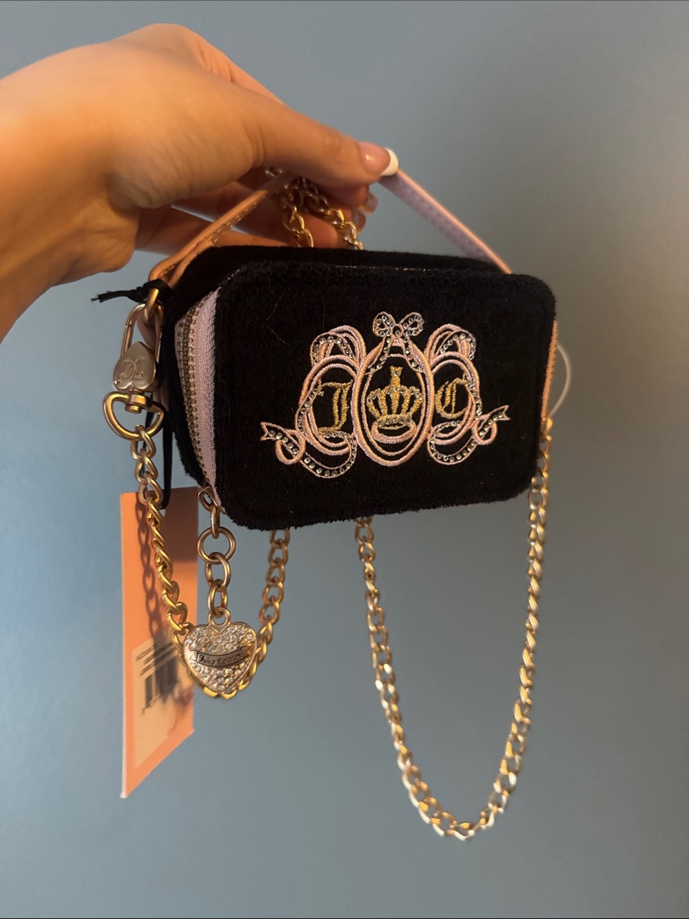 Juicy Couture Black Mini Handbag with Pink Accents and Gold Chain